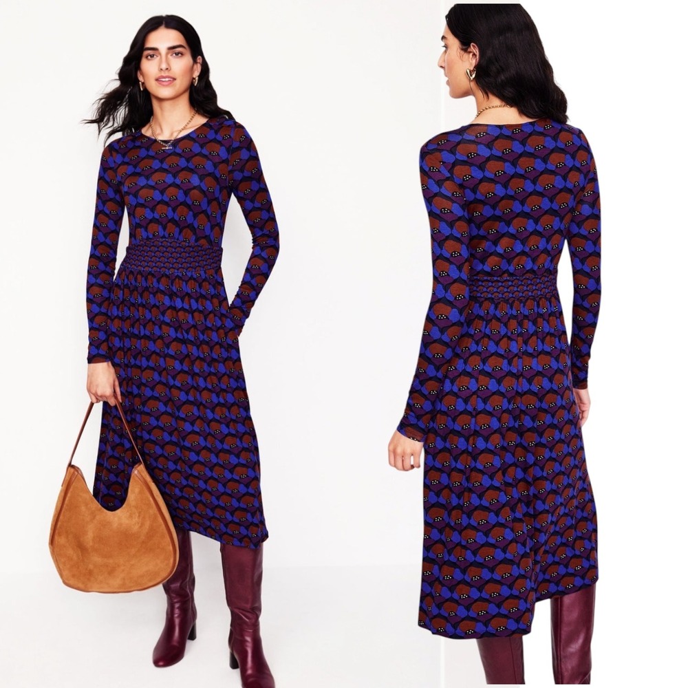Boden Thea Jersey‎ Dress US 12R Viscose Smocked Midi Poppy Print Purple